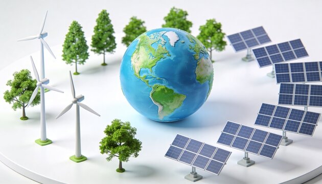 World environment day concept with earth globe and renewable energy. Sustainability illustration with wind turbines solar panels and green trees on white background. Global ecology and clean power