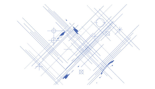 Abstract blueprint schematic with intersecting lines circles and graphic elements overlayed on transparent background vector illustration.
