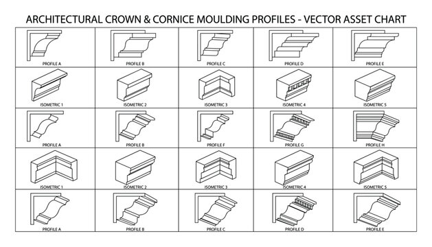 Architectural crown and cornice moulding profiles vector asset chart, classic decorative elements for building facades, detailed drawings.