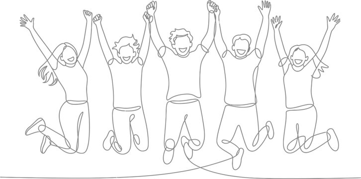 Group of five people jumping with hands raised in celebration happiness excitement movement lifestyle recreation. Vector illustration