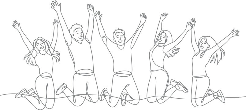 Group of five people jumping with hands raised in celebration happiness excitement movement lifestyle recreation. Vector illustration