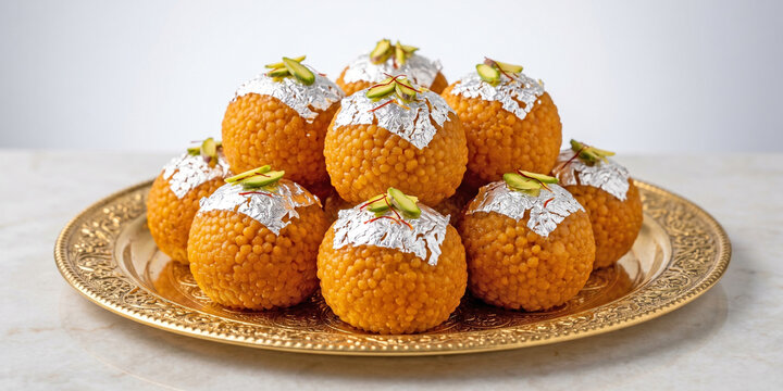 Royal Motichoor Laddu Mithai Plate with Silver Varak & Pistachio Topping, Luxury Traditional Indian Sweet