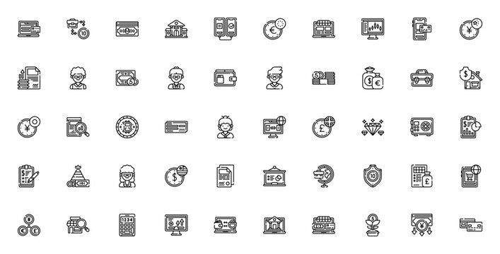 Financial Issues icon set. Finance vector icons pack. Minimalist line icons. Includes symbols for online payment, banknotes, investment, wallet, cash, bitcoin, credit card, exchange and more. Editable