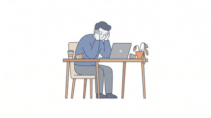 Fototapeta premium Frustrated man sitting at a desk, working on a laptop, looking tired and stressed