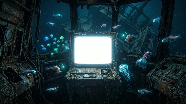 An old computer monitor glows white on a rusty console inside a sunken ship bridge deep underwater surrounded by jellyfish, anglerfish, and glowing shrimp.