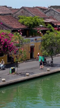 Aerial panoramic view of Hoi An city, Da Nang province, Vietnam. Panoramic footage of Hoian ancient town, UNESCO world heritage. One of the most travel popular touristic destinations 