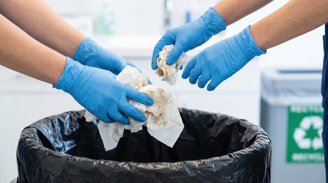 Hands in blue gloves dispose of dirty tissues into a trash bin. Proper sanitation measures for virus prevention and disease control. Ideal for health and hygiene awareness campaigns.