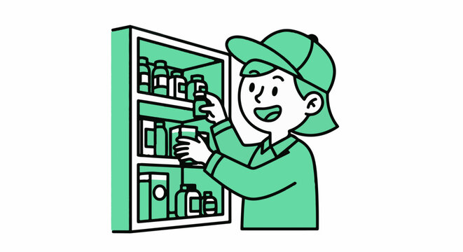 Happy worker organizing medicine bottles on shelf unit.