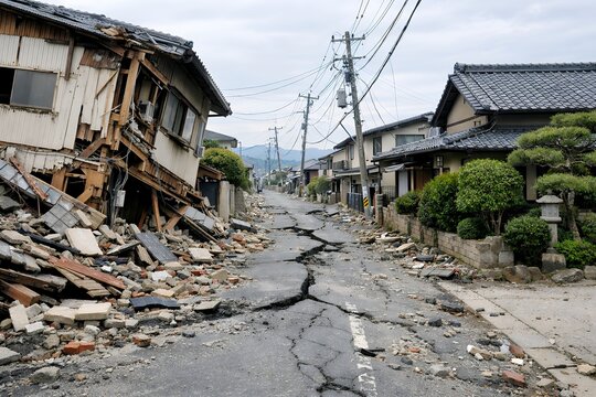 巨大地震で倒壊した家屋と亀裂が入った道路が続く日本の地方都市の住宅街の風景