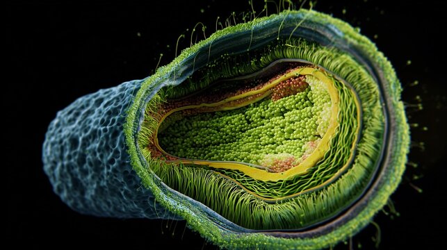 Detailed 3D cross section of a chloroplast showing internal thylakoid membranes and cellular organelle structure