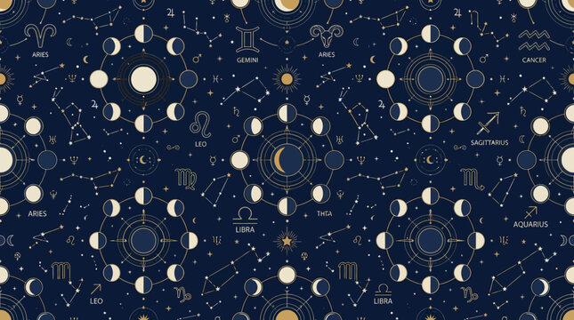 Flat vector zodiac seamless pattern, constellations, moon phases and astrology symbols, elegant mystical illustration

