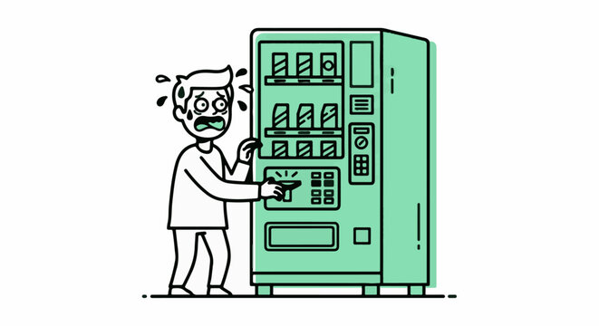 Frustrated man struggling with vending machine choices.