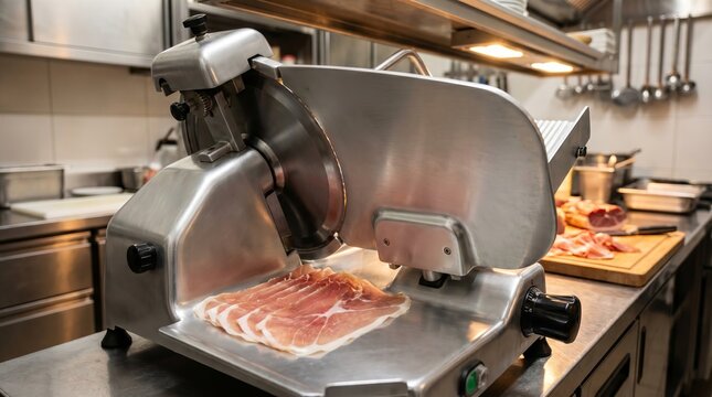 Stainless steel meat slicer in commercial kitchen, thi meat slices resting beside blade, detailed food preparation scene, professional culinary equipment