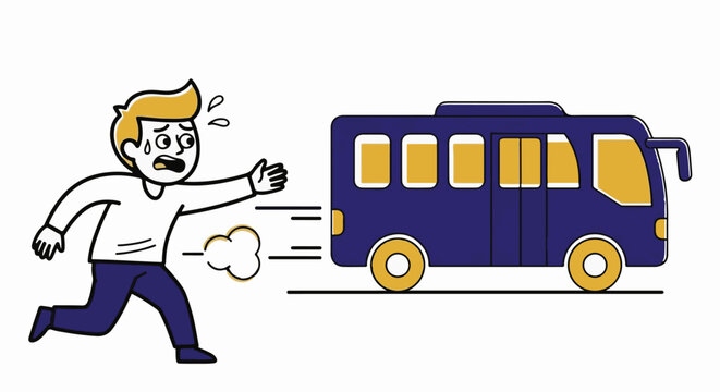 Frantic man running late chasing a moving bus.