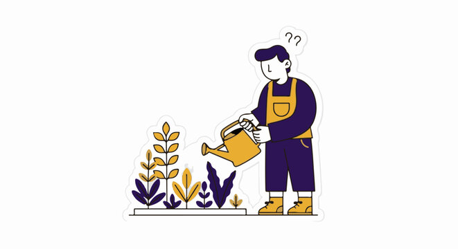 Confused gardener watering healthy green plants illustration.