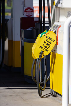 Fuel bowser for petrol and diesel showing sorry not in use sign because of fuel shortage