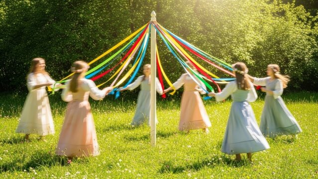 Young girls in vintage dresses dance around a maypole with colorful ribbons in a sunny meadow.