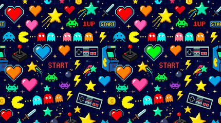 Retro pixel art seamless pattern, hearts, stars and arcade icons, colorful gaming vector design   © Maftuh