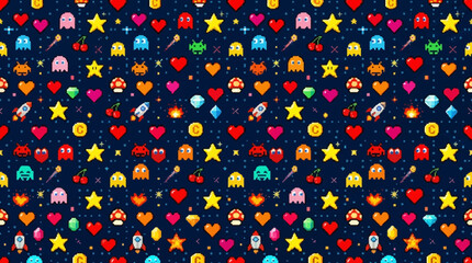 Retro pixel art seamless pattern, hearts, stars and arcade icons, colorful gaming vector design   © Maftuh