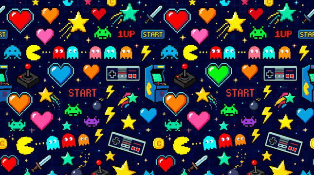Retro pixel art seamless pattern, hearts, stars and arcade icons, colorful gaming vector design

