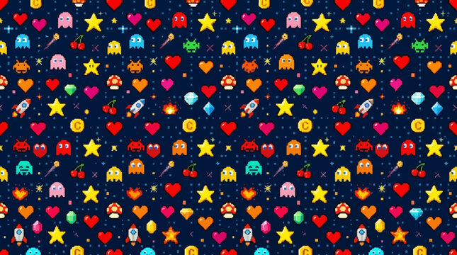Retro pixel art seamless pattern, hearts, stars and arcade icons, colorful gaming vector design

