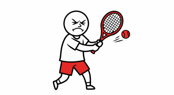 Cartoon character playing tennis with angry expression.