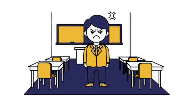 Frustrated cartoon student in empty computer classroom.