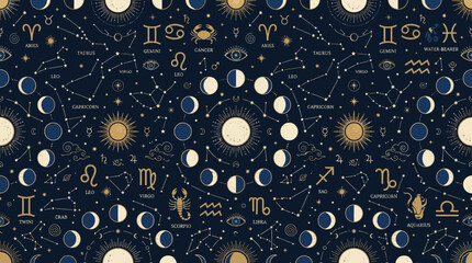Flat vector zodiac seamless pattern, constellations, moon phases and astrology symbols, elegant mystical illustration   © Maftuh