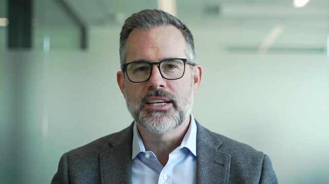 A confident, middle-aged caucasian male professional with grey beard, glasses, blazer in a modern office, focused on tablet, then smiling at camera with a nod. Trust and leadership concept