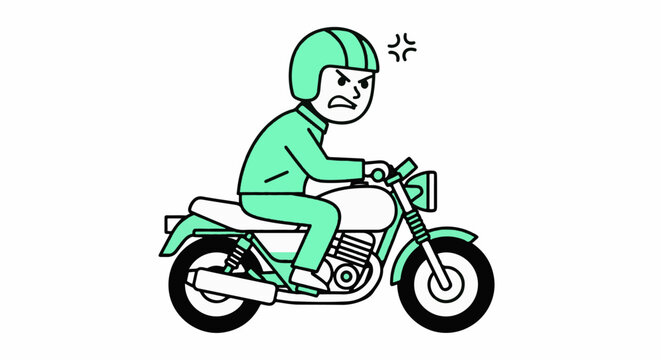 Cartoon motorcyclist riding with frustrated facial expression.