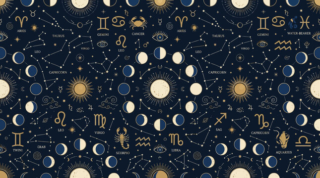 Flat vector zodiac seamless pattern, constellations, moon phases and astrology symbols, elegant mystical illustration

