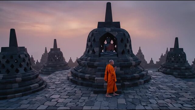 Lone Buddhist monk walking through ancient Borobudur temple stupas.