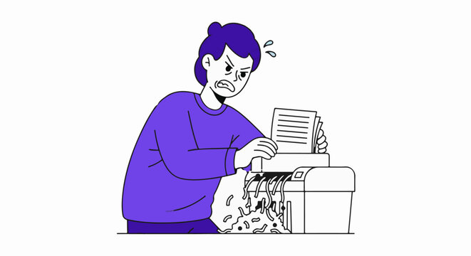 Frustrated person dealing with paper jam in printer.