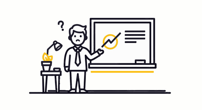 Confused business instructor presenting unclear financial chart.