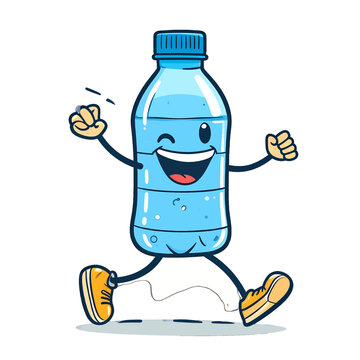 A cheerful cartoon water bottle winks, runs, fist pumps, wearing shoes, on a white background