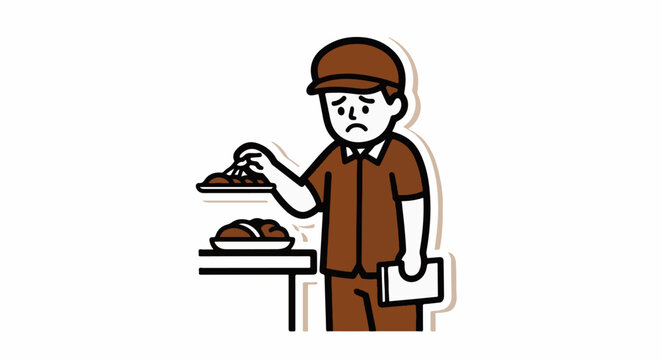 Cartoon waiter disappointed with small food portion.