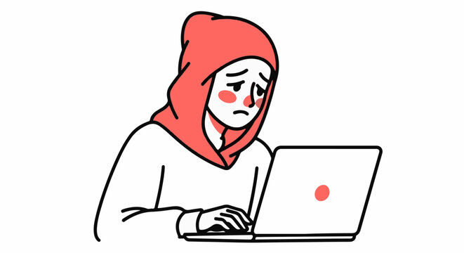Focused individual using laptop with red hoodie indoors.