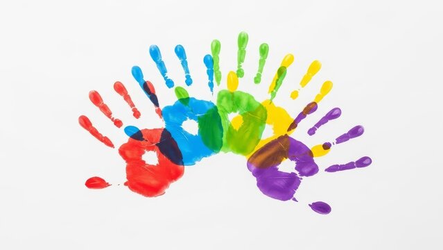 Colorful handprints art on white paper