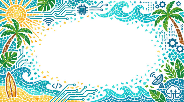 Vibrant tropical floral border design with sun and wave. copy space, border.