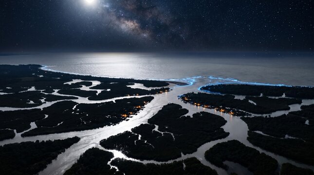 Aerial River Delta Night Moonlit Channels Bioluminescent Drone Shot &mdash; Midnight