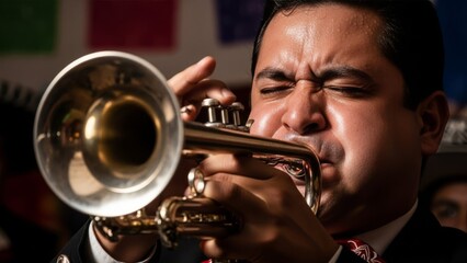 Obraz premium Sweaty Hispanic man in mariachi suit plays trumpet with intensity, close-up on face and instrument against colorful papel picado background.