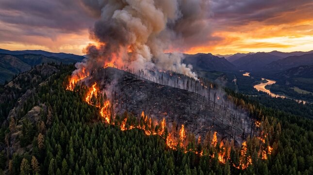 Aerial Wildfire Pine Forest Drone Shot &mdash; Amber Dusk Fire Line Smoke Plume