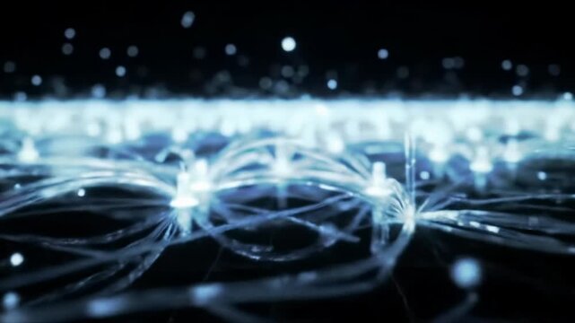 Luminous data streams and glowing ethereal particles connect radiant nodes on a vast digital network grid with slow-panning virtual camera, high-key light. Futuristic global connectivity concept