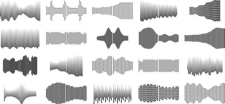 Digital soundwave collection with 20 audio frequency icons, gray scale music equalizer bars and voice recording signals, modern sonic vibration waveforms for podcasting and music production