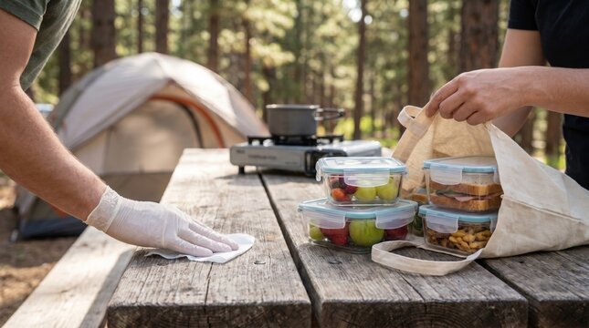 Person wearing gloves sanitizes wooden picnic table at campsite. Illustrates preventive measures against hantavirus in nature. Ideal for health and outdoor safety educational materials.