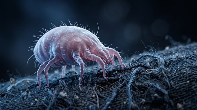 pinkish dust mite on textured blue-grey fabric fibers. This striking microscopic concept art vividly illustrates the hidden world of household allergens, perfect for health, hygiene, and allergen-awar