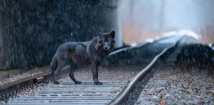 Black wolf on railroad tracks in snowfall with a lone black wolf stands