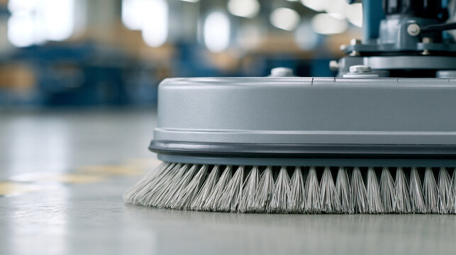 Industrial floor scrubber cleaning a large manufacturing facility floor, showing a close up of a rotating brush ensuring hygiene and maintenance in a commercial setting