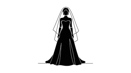 A 2D CAD Vector illustration of a bride in wedding dress and veil stands © Stock Image Paradise