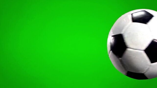 Flying Soccer Ball on Green Screen Background with Spinning Motion and Dynamic Sports Action, Chroma Key Football Animation for Video Editing, Broadcast Graphics and Sports Content